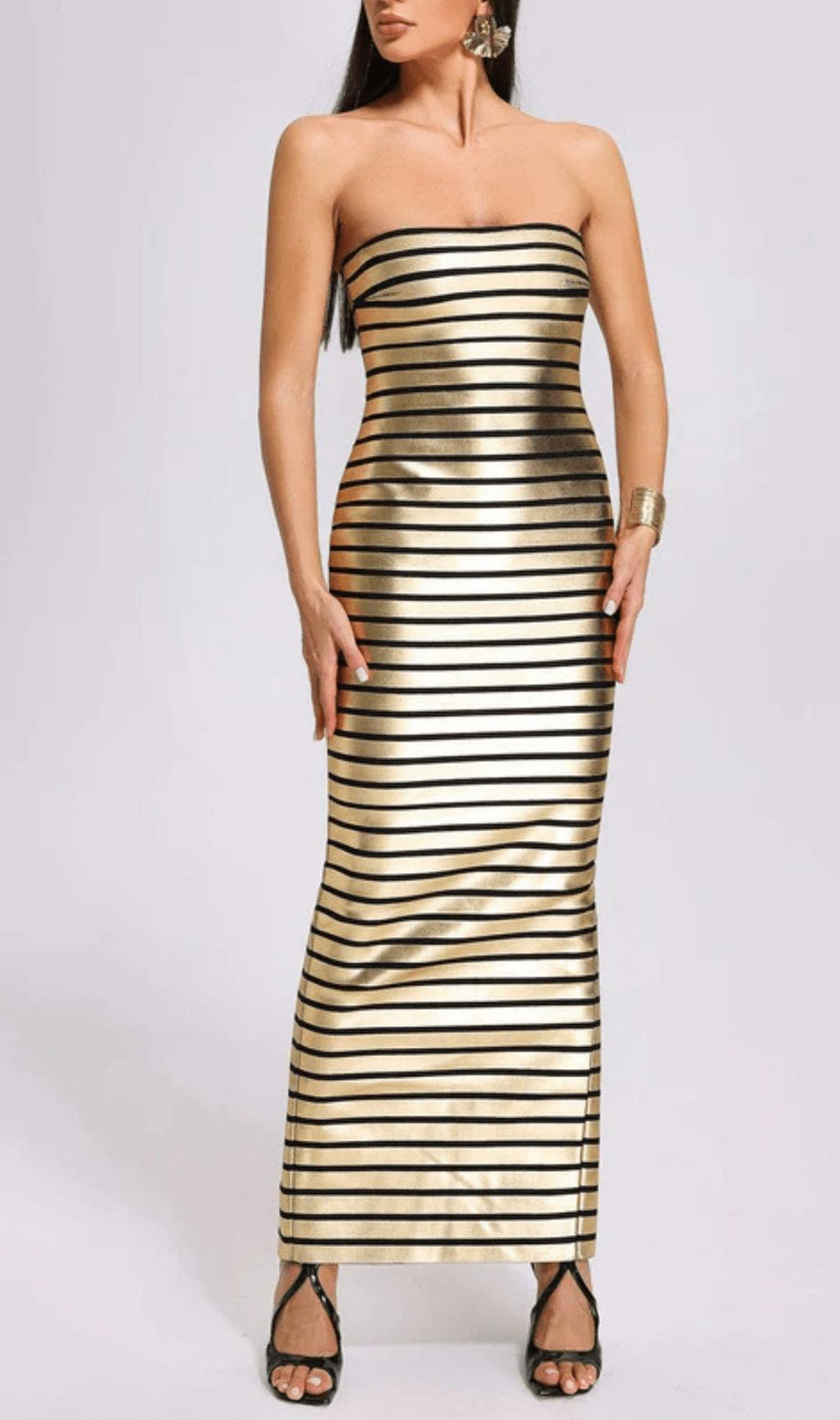 STRAPLESS METALLIC STRIPE MAXI DRESS