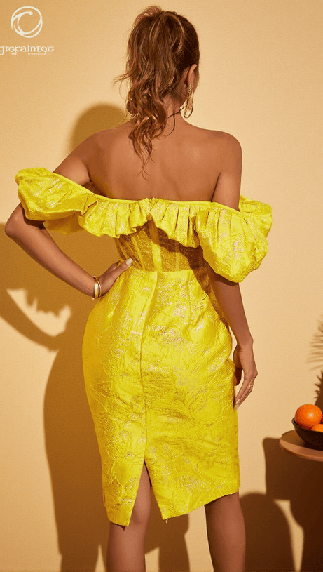 GISELLE JACQUARD OFF SHOULDER MIDI DRESS IN YELLOW