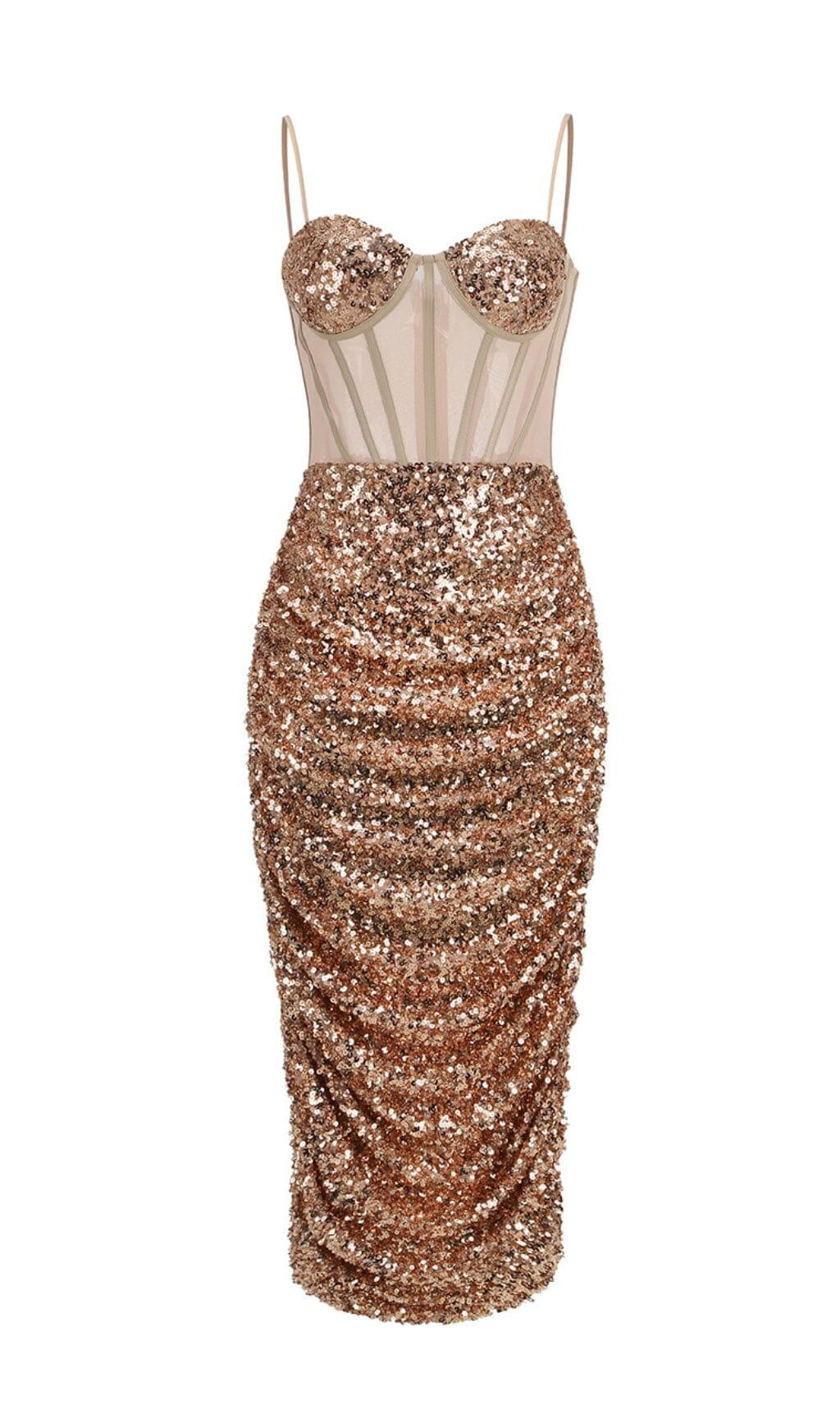 ABITO MIDI CON CORSETTO DI PAILLETTES IN CHAMPAGNE