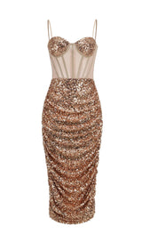 SEQUIN CORSET MIDI DRESS IN CHAMPAGNE