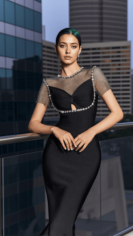 RAINEY CRYSTAL MESH BANDAGE MIDI DRESS