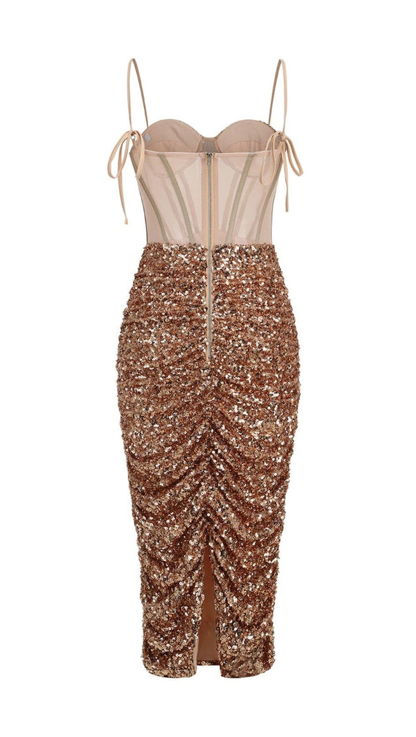 ABITO MIDI CON CORSETTO DI PAILLETTES IN CHAMPAGNE