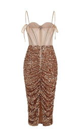 SEQUIN CORSET MIDI DRESS IN CHAMPAGNE