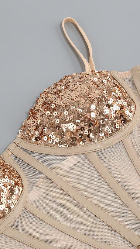 ABITO MIDI CON CORSETTO DI PAILLETTES IN CHAMPAGNE