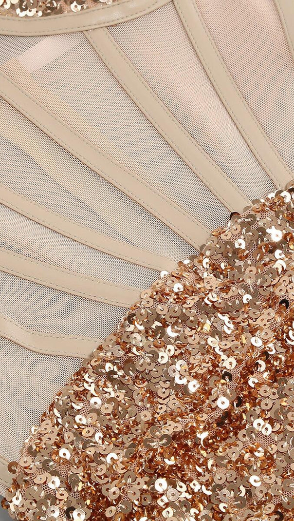 ABITO MIDI CON CORSETTO DI PAILLETTES IN CHAMPAGNE