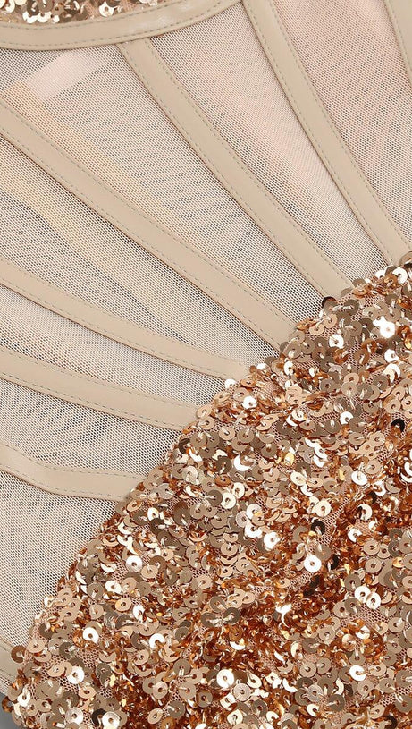 ABITO MIDI CON CORSETTO DI PAILLETTES IN CHAMPAGNE