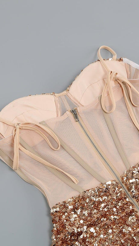 ABITO MIDI CON CORSETTO DI PAILLETTES IN CHAMPAGNE