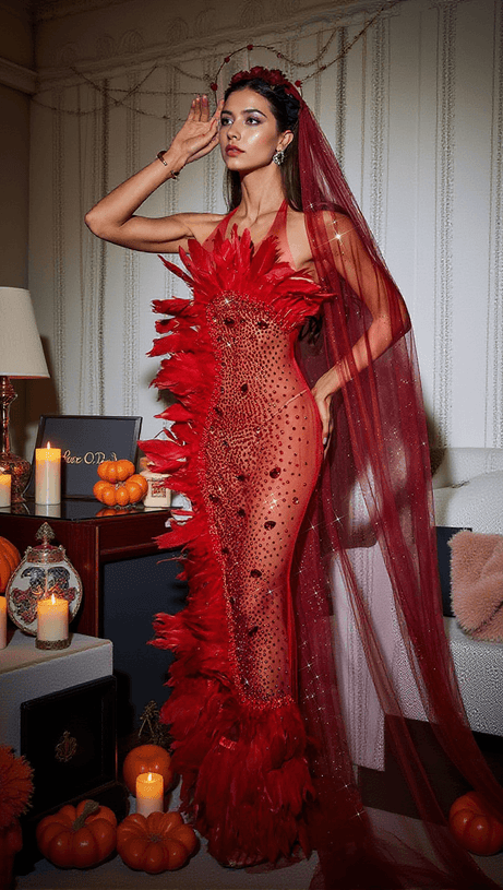 CIRCE EMBELLISHED MESH FEATHER MAXI DRESS IN RED