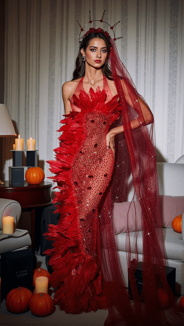AIIZIE CIRCE EMBELLISHED MESH FEATHER MAXI DRESS IN RED - product image