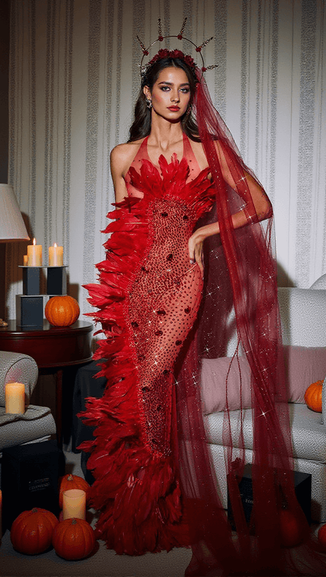 ABITO LUNGO CIRCE IN RETE CON PIUME DECORATE IN ROSSO