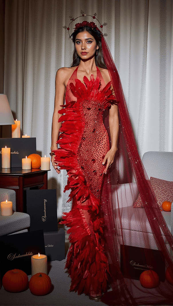 AIIZIE CIRCE EMBELLISHED MESH FEATHER MAXI DRESS IN RED - product image