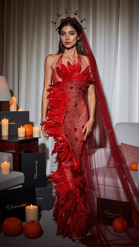 ABITO LUNGO CIRCE IN RETE CON PIUME DECORATE IN ROSSO