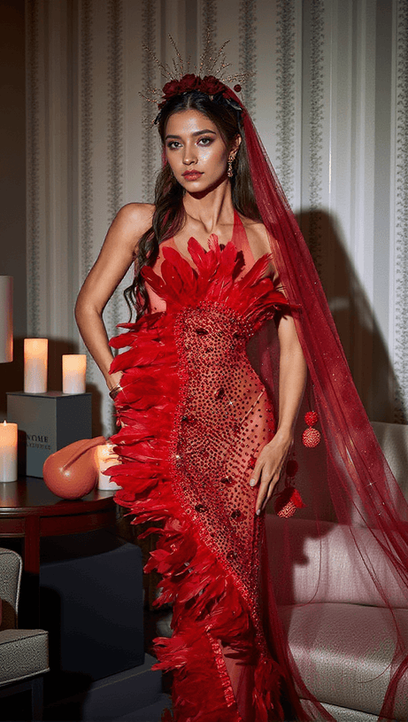 ABITO LUNGO CIRCE IN RETE CON PIUME DECORATE IN ROSSO