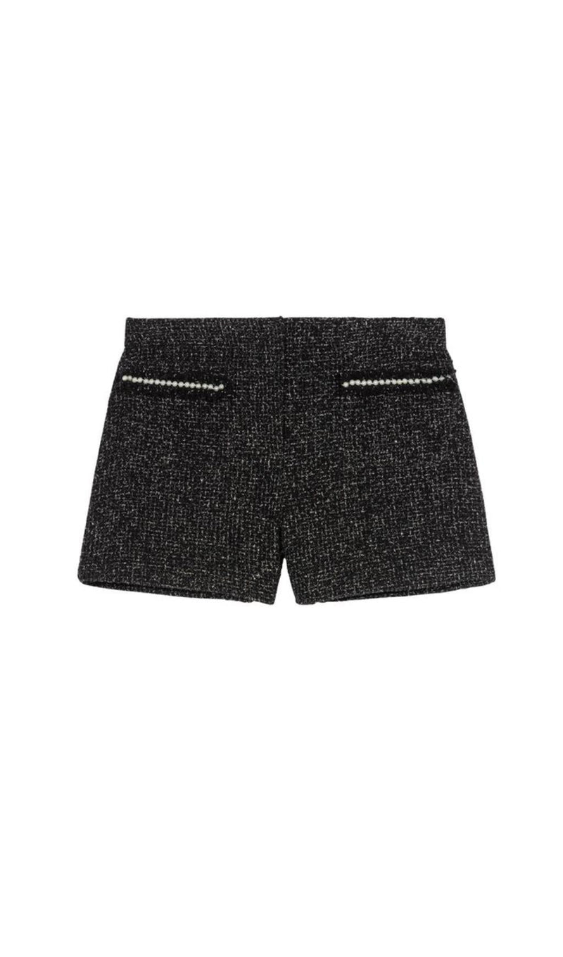 SEQUIN BEAD TRIM TWEED SHORTS