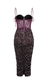 SEQUIN CORSET MIDI DRESS IN WINE