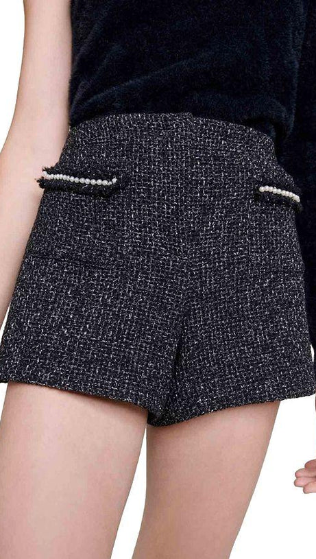 SEQUIN BEAD TRIM TWEED SHORTS