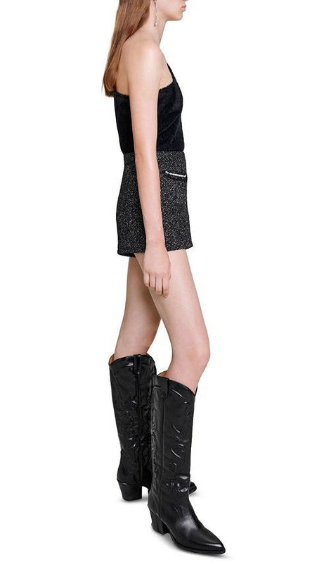 SEQUIN BEAD TRIM TWEED SHORTS