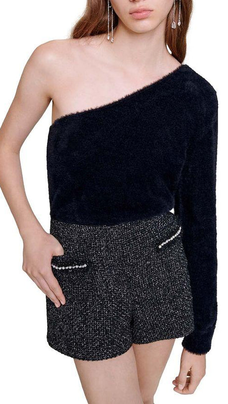 SEQUIN BEAD TRIM TWEED SHORTS