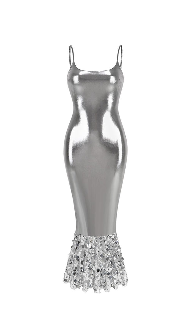 AIIZIE SEQUIN FLUTED MAXI DRESS IN SILVER - product image