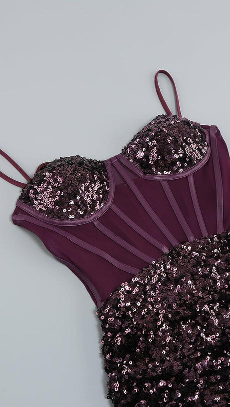 ABITO MIDI CON CORSETTO DI PAILLETTES COLOR VINO