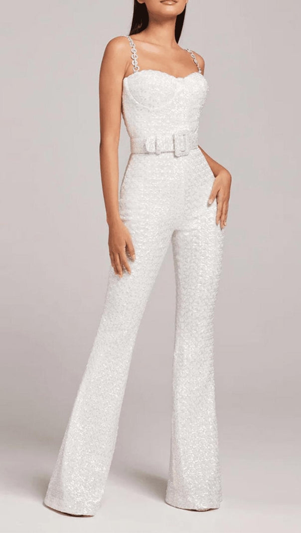 AIIZIE SEQUINED DIAMANTE STRAP FLARED JUMPSUIT WITH BELT IN WHITE - product image