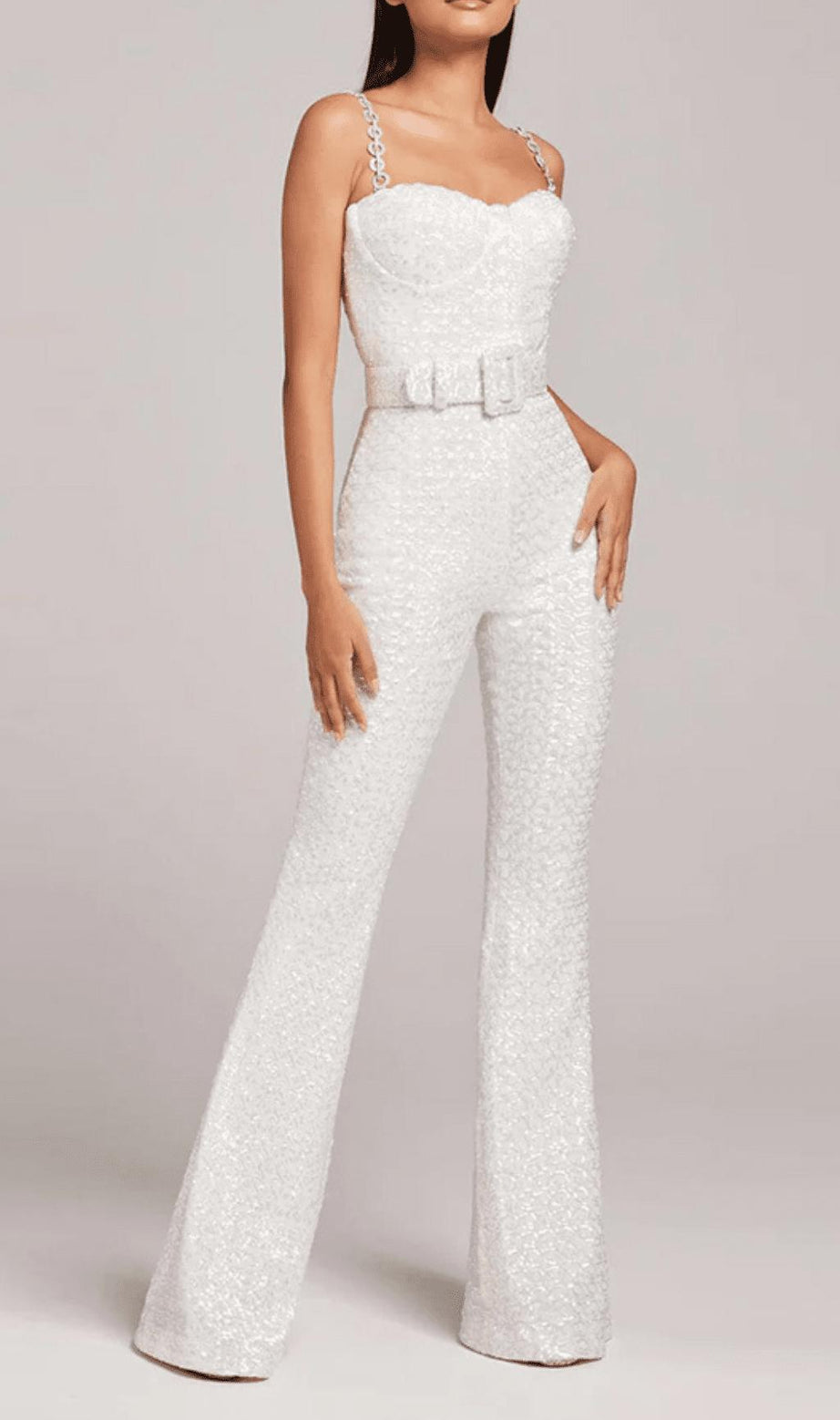 SEQUINED DIAMANTE STRAP FLARED JUMPSUIT WITH BELT IN WHITE