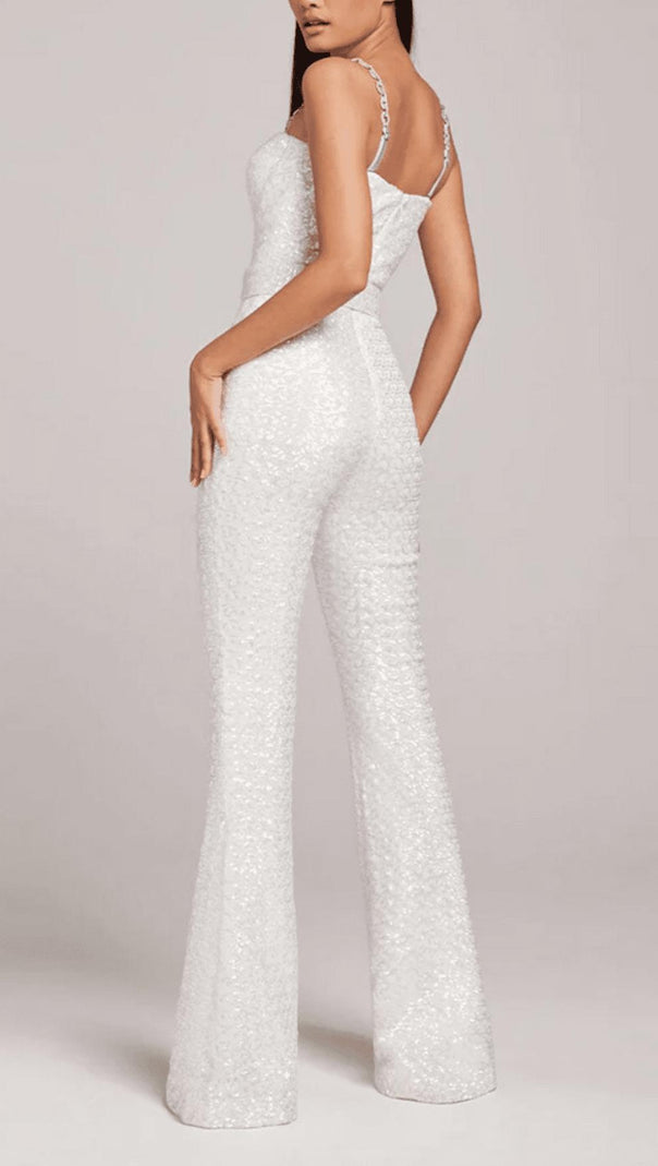 AIIZIE SEQUINED DIAMANTE STRAP FLARED JUMPSUIT WITH BELT IN WHITE - product image