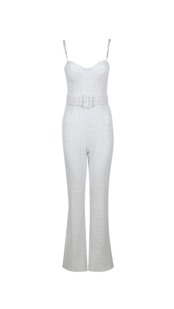 AIIZIE SEQUINED DIAMANTE STRAP FLARED JUMPSUIT WITH BELT IN WHITE - product image