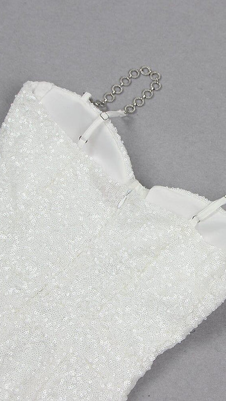 SEQUINED DIAMANTE STRAP FLARED JUMPSUIT WITH BELT IN WHITE