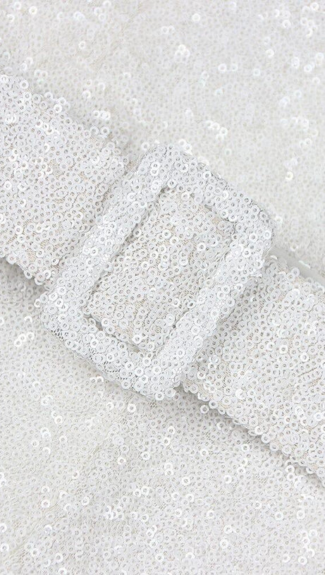 SEQUINED DIAMANTE STRAP FLARED JUMPSUIT WITH BELT IN WHITE