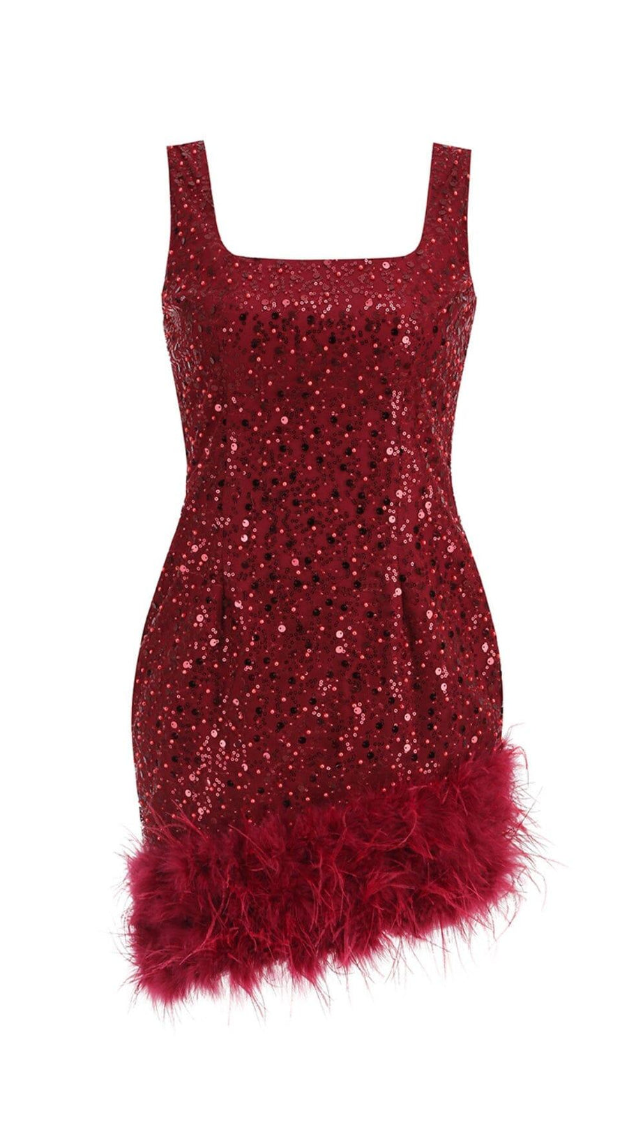 ABITO CON PIUME ROSSE E PAILLETTES