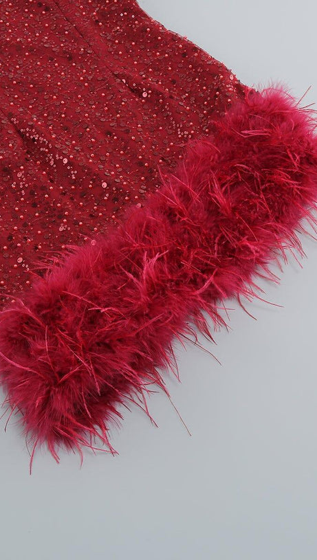 ABITO CON PIUME ROSSE E PAILLETTES