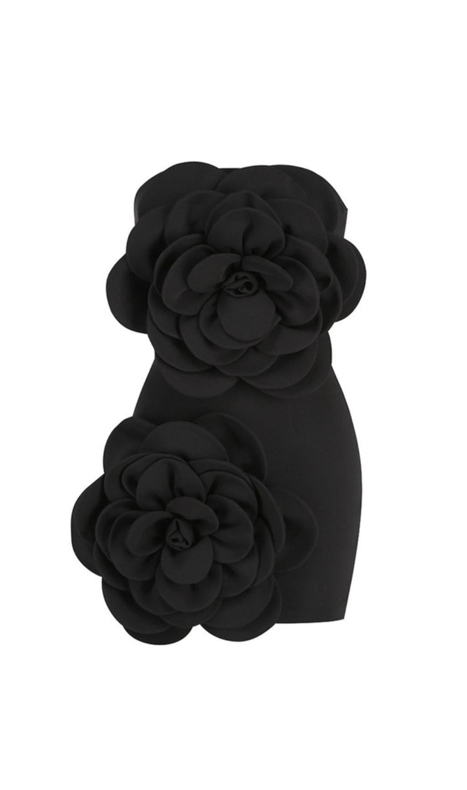 STRAPLESS FLOWER MINI DRESS IN BLACK