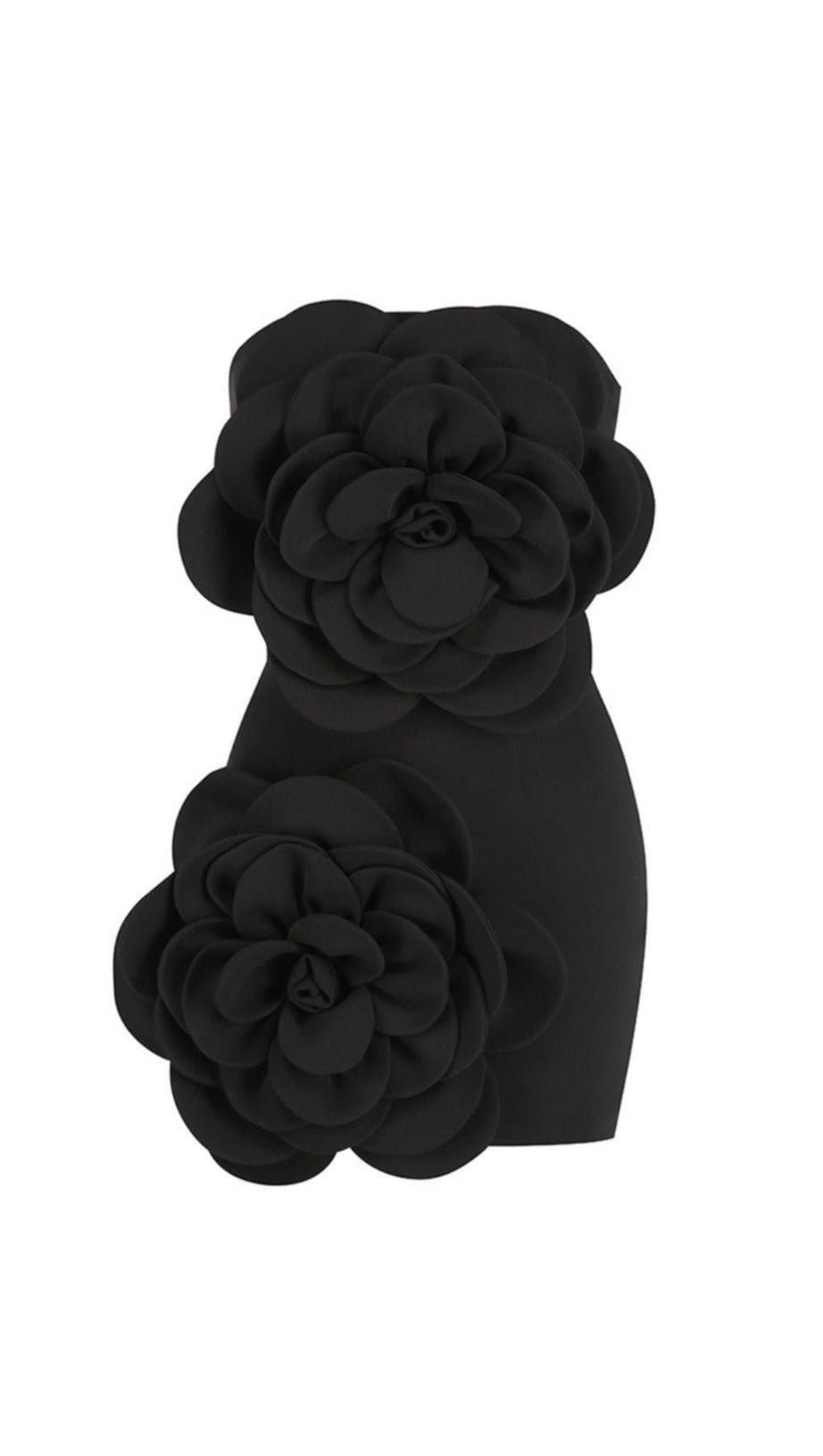 STRAPLESS FLOWER MINI DRESS IN BLACK