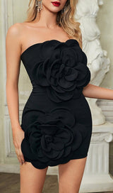 STRAPLESS FLOWER MINI DRESS IN BLACK