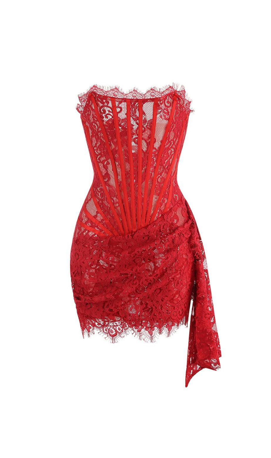 STRAPLESS LACE APPLIQUES MINI DRESS IN RED