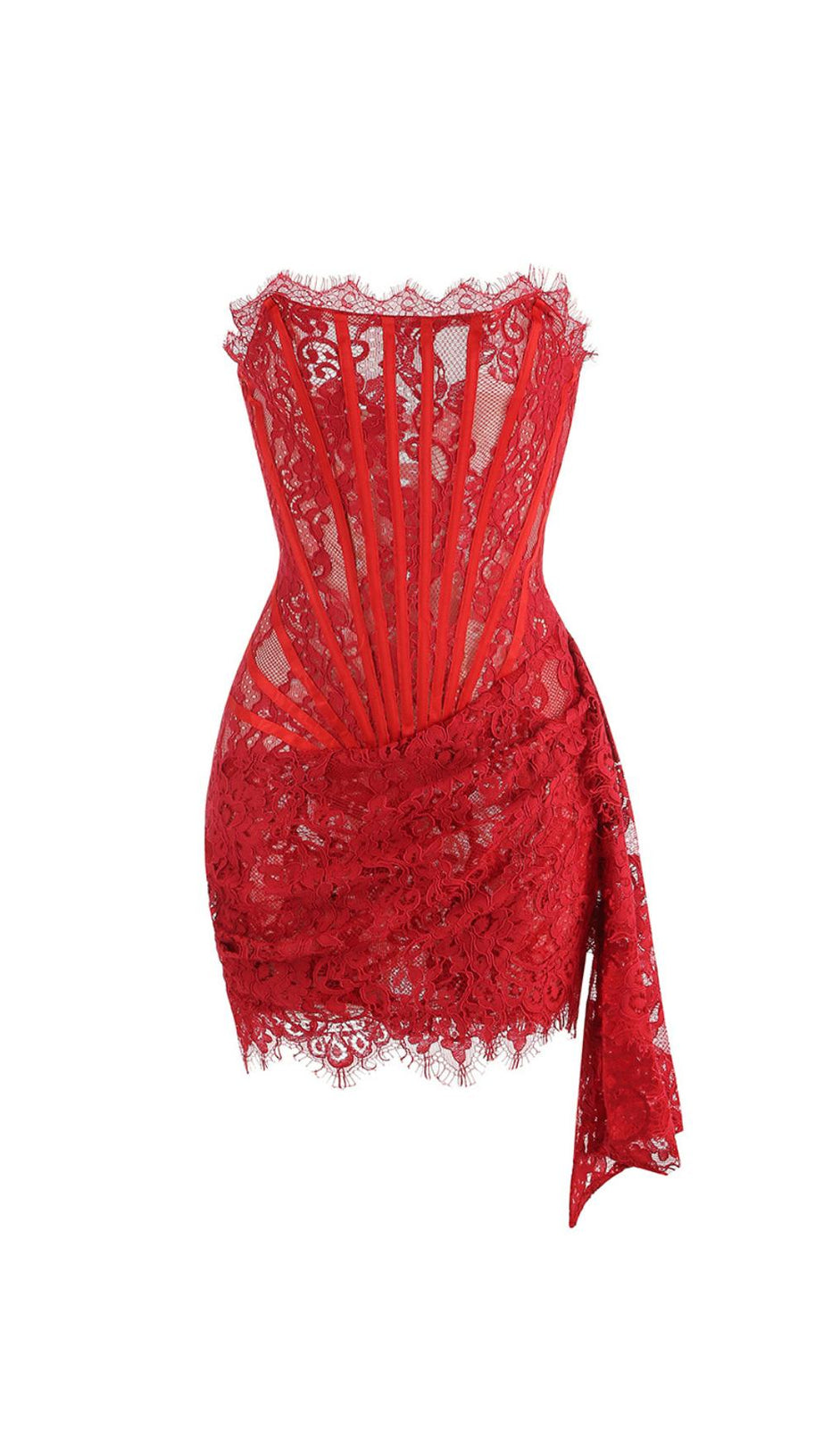 STRAPLESS LACE APPLIQUES MINI DRESS IN RED