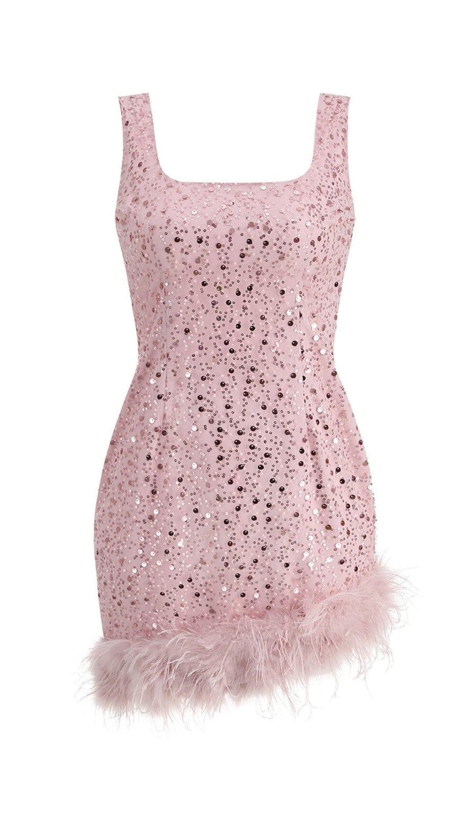 PINK FEATHER SEQUIN DRESS