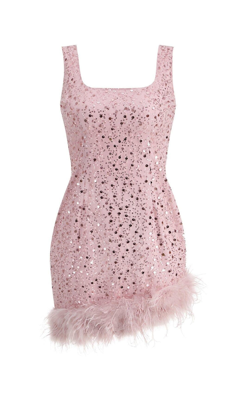 PINK FEATHER SEQUIN DRESS