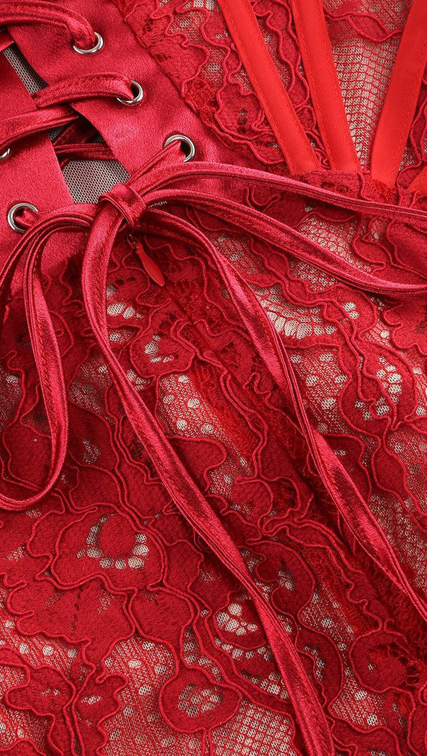 AIIZIE STRAPLESS LACE APPLIQUES MINI DRESS IN RED - product image