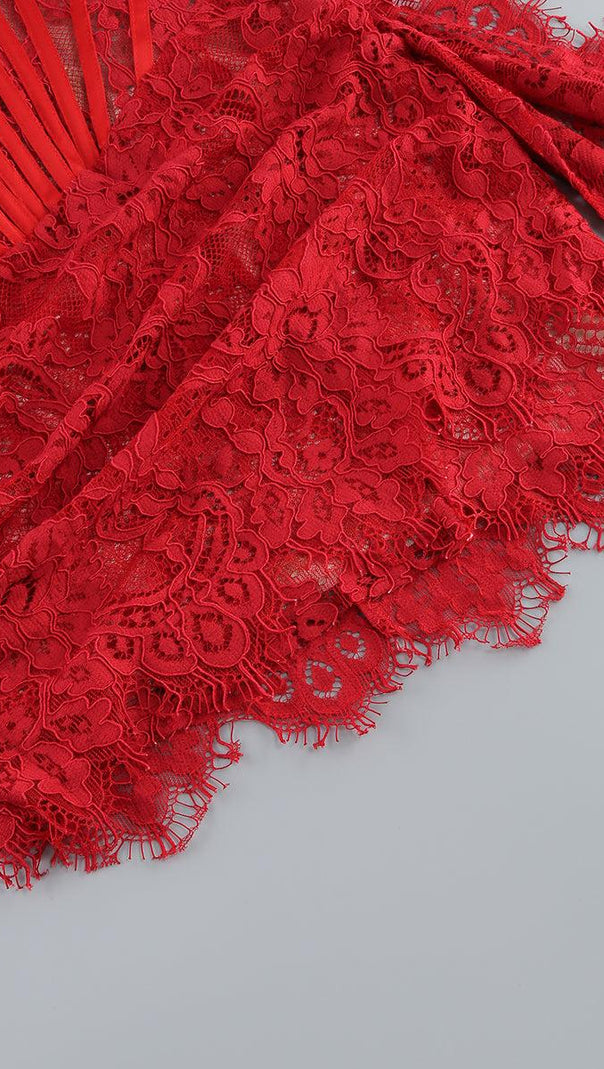 AIIZIE STRAPLESS LACE APPLIQUES MINI DRESS IN RED - product image