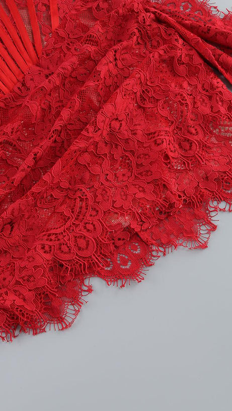 STRAPLESS LACE APPLIQUES MINI DRESS IN RED