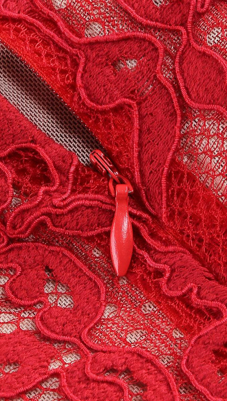 STRAPLESS LACE APPLIQUES MINI DRESS IN RED