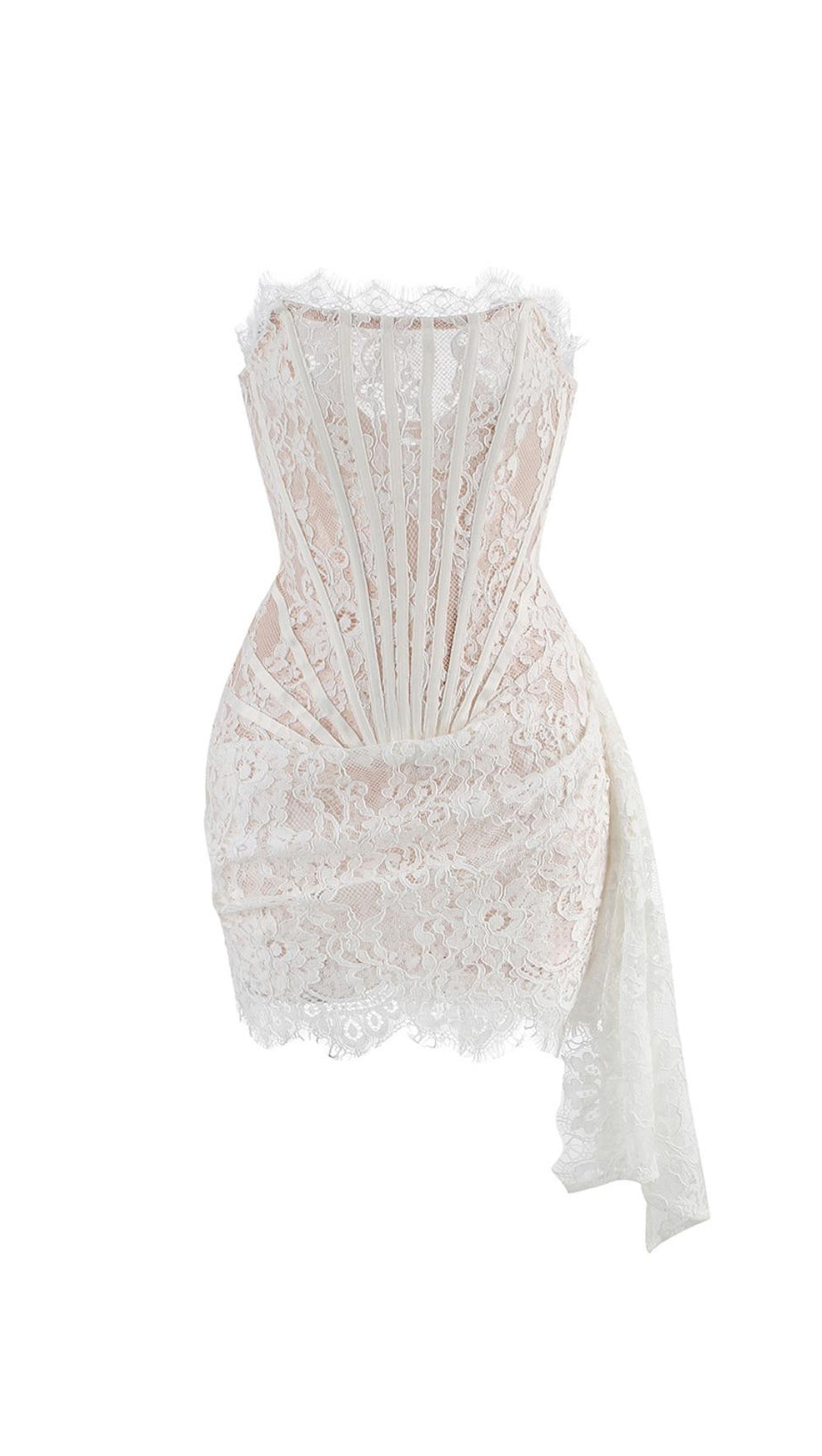 STRAPLESS LACE APPLIQUES MINI DRESS IN WHITE