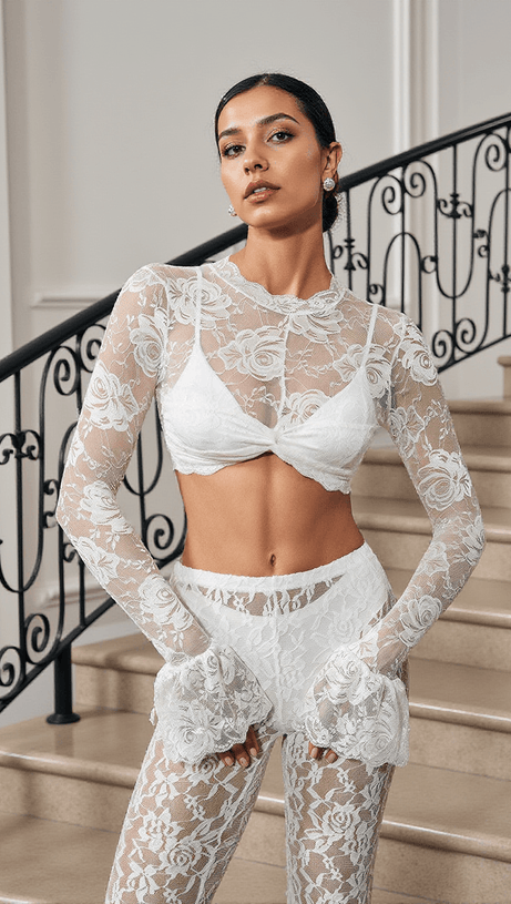 TOP CORTO IN PIZZO FLOREALE CALIDA BIANCO