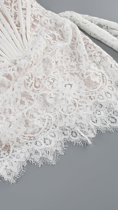 STRAPLESS LACE APPLIQUES MINI DRESS IN WHITE