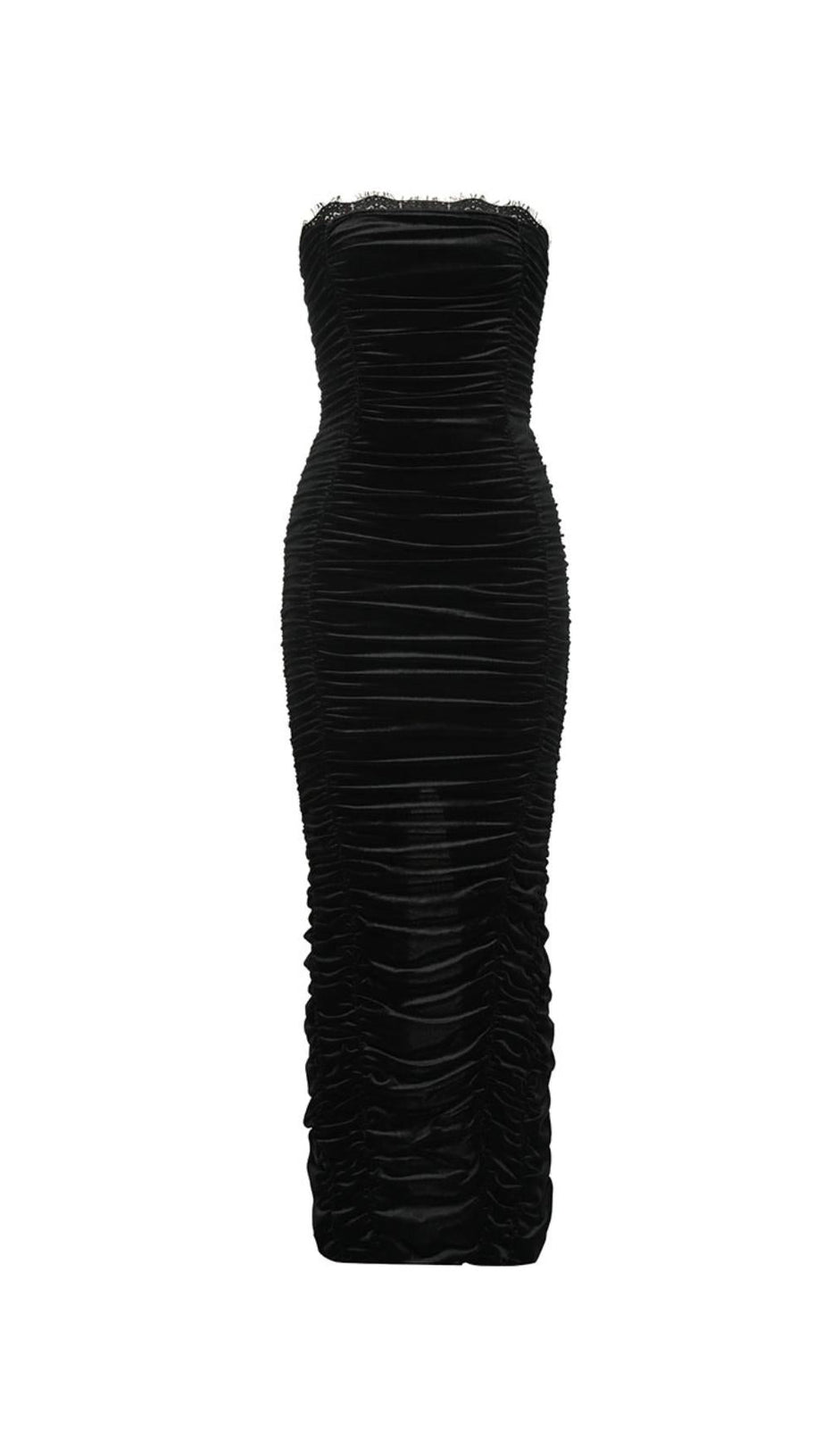 TRÄGERLOSES MAXIKLEID AUS SPITZE UND RÜSCHEN 