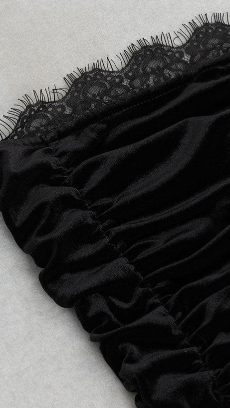 STRAPLESS LACE RUCHED MAXI VELVET DRESS