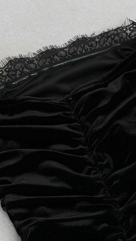 STRAPLESS LACE RUCHED MAXI VELVET DRESS