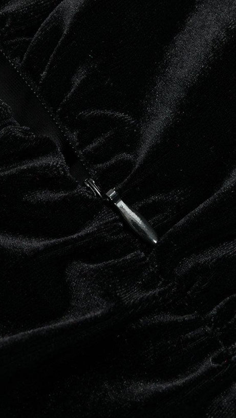 STRAPLESS LACE RUCHED MAXI VELVET DRESS